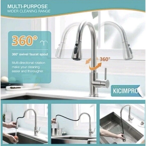 NEW Kicimpro Kitchen Faucet Pull Down Sprayer Single Handle Brushed Nickel - Picture 7 of 14